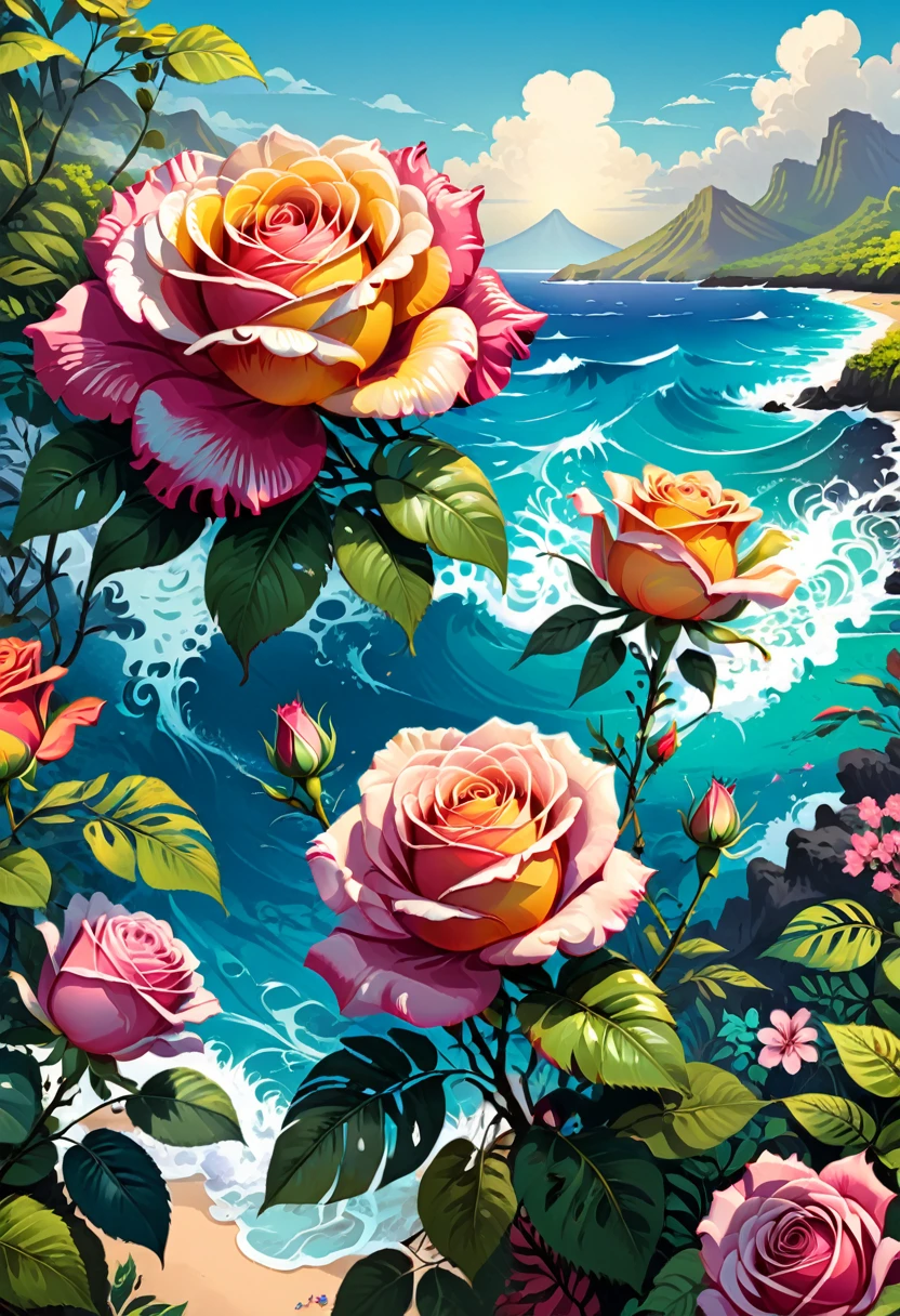 Vector Art, Colorful illustration with roses, In the center, Vibrant colors, High Detail,Hawaii Background
(masterpiece, best quality, professional, perfect composition, very aesthetic, absurd, Super detailed, Intricate details:1.3)