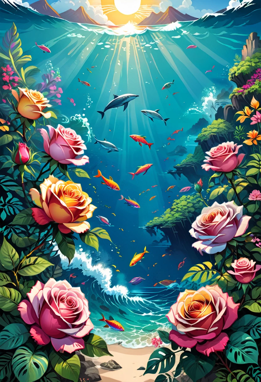 Vector Art, Colorful illustration with roses, In the center, Vibrant colors, High Detail,Hawaii Background
(masterpiece, best quality, professional, perfect composition, very aesthetic, absurd, Super detailed, Intricate details:1.3)