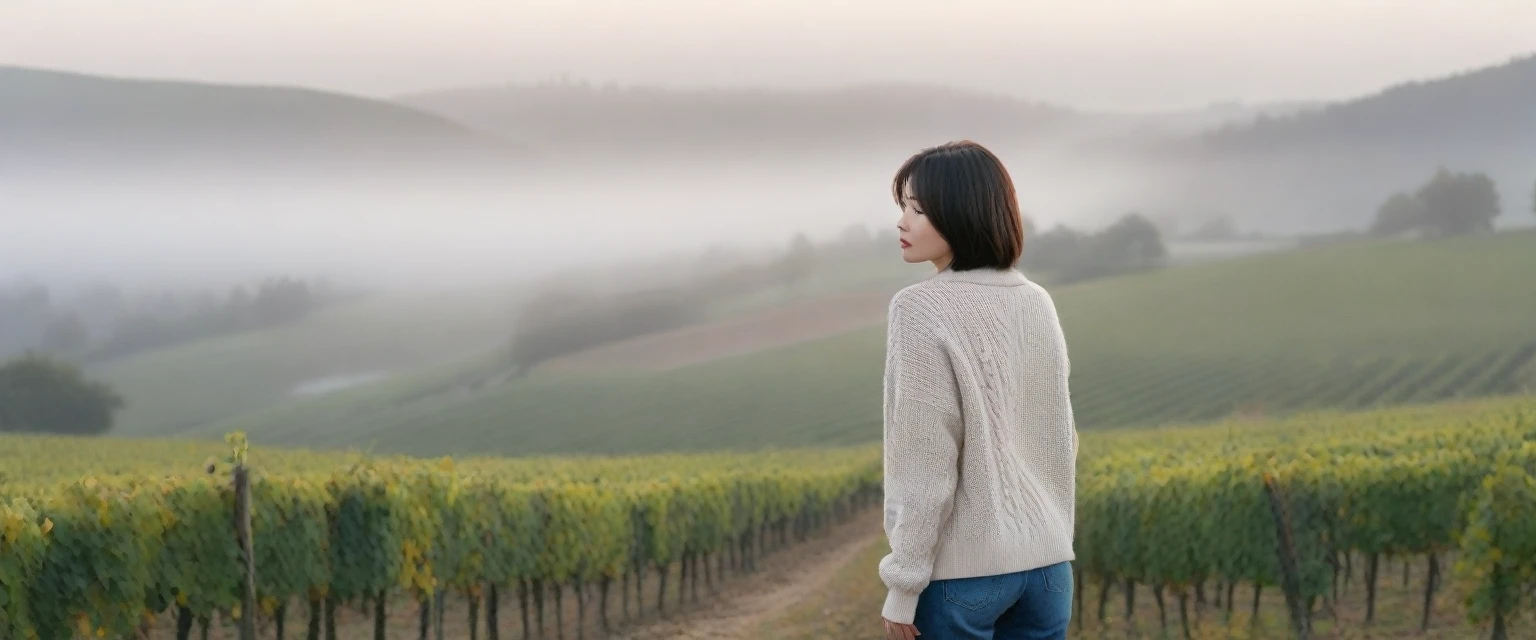 8k best picture quality, Beautiful 36-year-old Korean woman, Chest size 34 inches, The cathedral can be seen through the early morning fog past the vineyards in the Croatian countryside., The back background is realistic and vivid image quality, short and medium hair, Wearing a sweater jacket and pants,Perfect and realistic photos, The background is realistic. Full body shot with Canon camera 16-35 wide angle lens, expressionless, Taken overlooking a vineyard from a hill covered in thick fog
