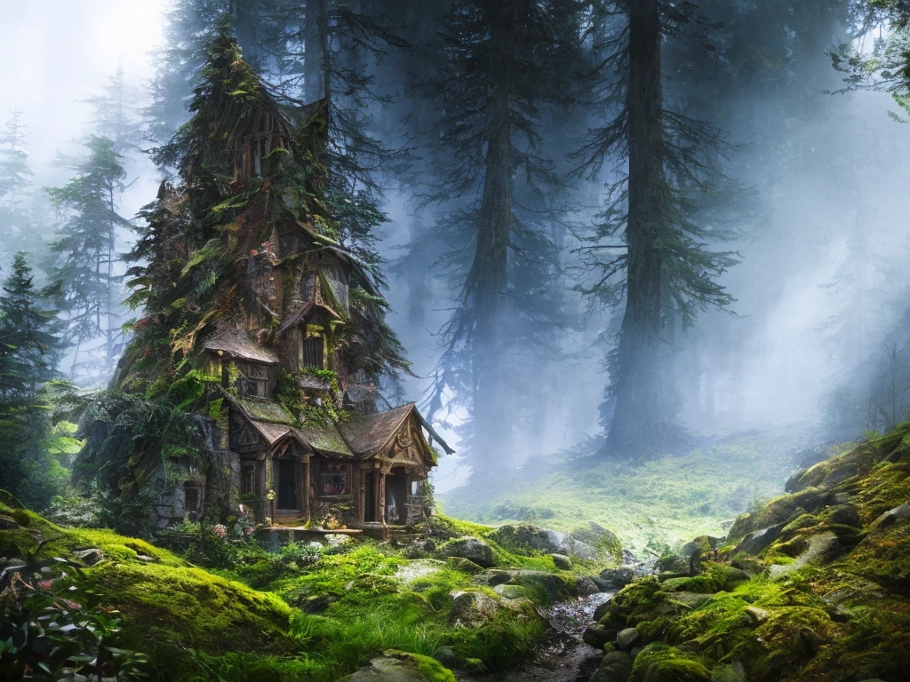 A witch's cottage in a thick mountain forest, high chaos, dark fairytale atmosphere, volumetric light, soft sunlight, intricate work by Johan Grenier style, Alyssa Monks style