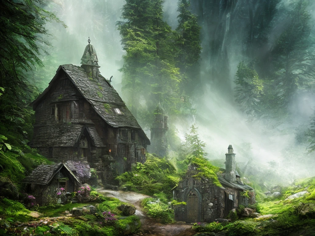 A witch's cottage in a thick mountain forest, high chaos, dark fairytale atmosphere, volumetric light, soft sunlight, intricate work by Johan Grenier style, Alyssa Monks style