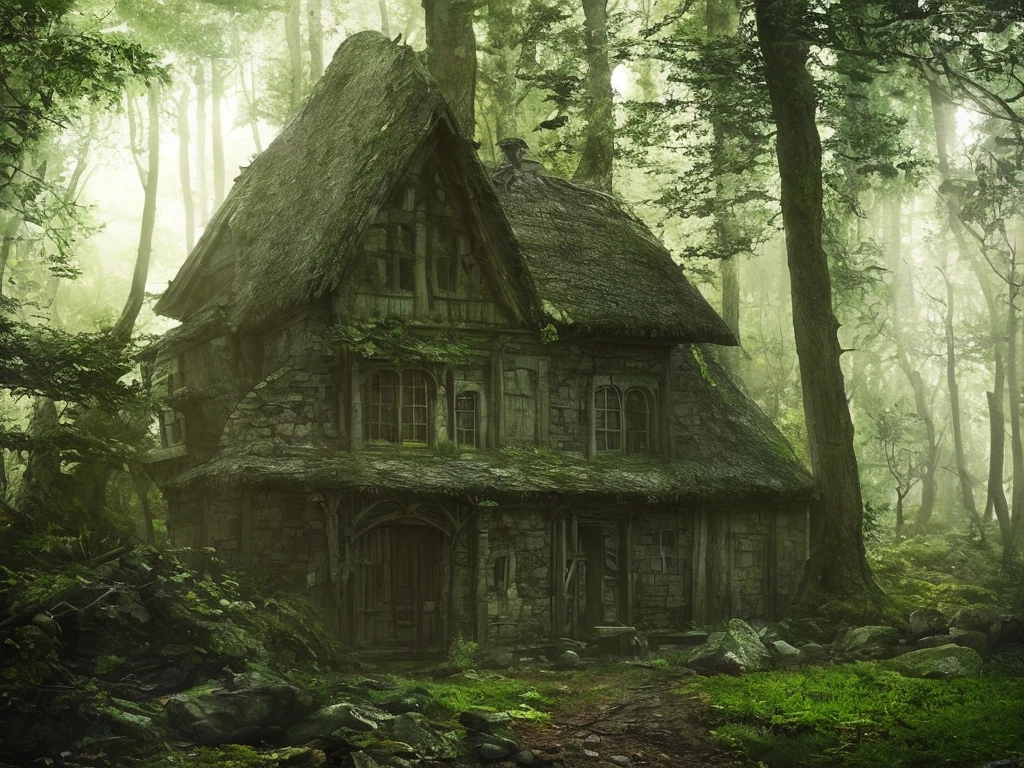 A witch's cottage in a thick mountain forest, high chaos, dark fairytale atmosphere, volumetric light, soft sunlight, intricate work by Johan Grenier style, Alyssa Monks style