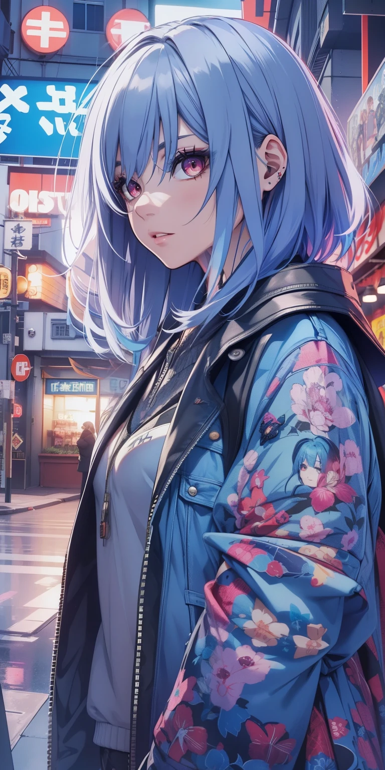 Masterpiece,detailed,High Resolutions:1.4) , Model photo, close, detailed face, fine and detailed eyes,, (Kirishima Touka),medium blue hair,ojo ghoul,retro jacket,Ghoul of Tokyo,Retrofuturistic background, vibrant colors, HDR,, ,