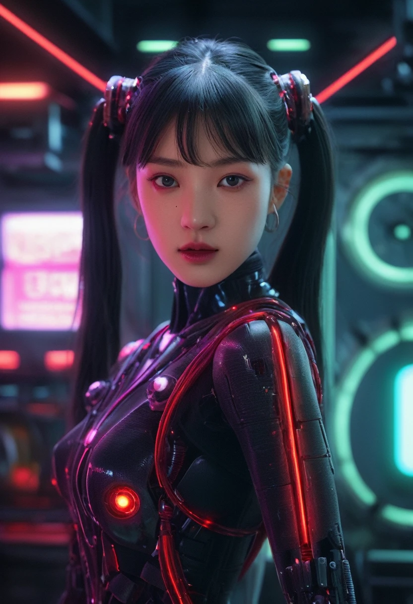 xxmixgirl. Highly detailed professional 35mm film, bokeh, face in sharp focus. A robotic female, Miku, with ((metal skin)), ((perfect Asian eyes)) with magenta irises and ((black pupils)), beautiful serious (detailed face), 18 year old ((photorealistic face)), very long magenta twin tails of magenta hair, twin black hair ties with a single red stripe. She may have a black audio headpiece. We can see her ((full body)) down to her boot soles. Her outfit is a sleeveless collared light grey shirt, outlined in red around the frilled collar and hems. Shiny reflective ((metallic breast cups, dimpleless)), invisible nipples. She wears black sleeves with red hems that start around her upper arm and bellow out as the sleeves open and extend to her wrists, with wide trumpet red rimmed cuffs. She has perfect robotic (detailed hands). She wears a red colored tie with two horizontal solid parallel black lines halfway across. She wears a fabric black skirt with a horizontal red hem at the bottom all the way around; her (((black skirt wraps around her))) and ((her skirt completely covers)) her robotic waist and thighs. Tall black boots with red bottom soles, a red rim around the top at her thighs. Her mechanical shoulder joints are visible. We can see her robotic legs and robotic neck. Half of her is covered with shiny polished machinery. The background is a distant dark neon futuristic Japanese city, gold, cyan, violet neon, near harbor or mountains.