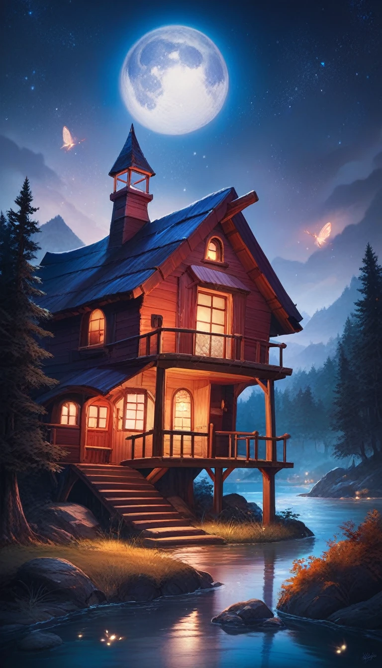 Dark forest , a river , big moon , full of trees , a small hut, mountain in backside, night view, big trees around the hut,misty,mystique,high detailed,photorealistic,beautiful,fireflies,dynamic lights,
