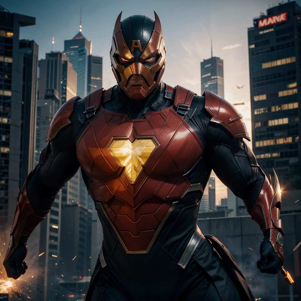 "Create a high-resolution, dynamic illustration of a muscular heroic Marvel character in a powerful and action-packed pose. The character should have a chiseled physique, exuding strength and determination, clad in a sleek, futuristic superhero suit with the iconic Marvel style. The suit should feature bold colors, such as red, blue, or black, with metallic accents and a distinctive emblem on the chest. The character's face should be expressive, showing resolve and bravery, with a mask that partially covers his face, revealing intense eyes. He is positioned in a dramatic urban landscape, with towering skyscrapers and a sunset sky in the background, possibly mid-leap or in a fighting stance. The scene should include dynamic elements like energy effects, debris, or enemies to emphasize action and heroism. The overall composition should be vibrant, with bold lines and dramatic lighting, appealing to fans of comic books, action figures, and superhero movies."