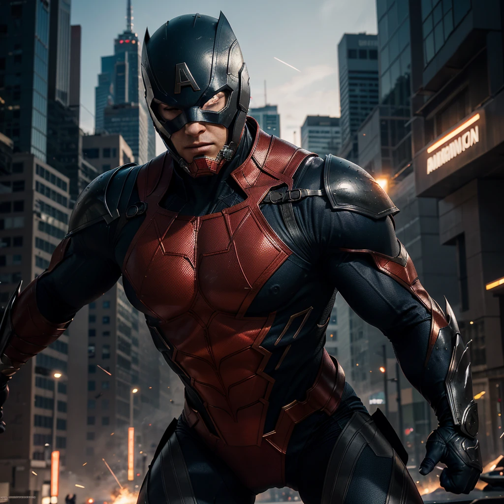 "Create a high-resolution, dynamic illustration of a muscular heroic Marvel character in a powerful and action-packed pose. The character should have a chiseled physique, exuding strength and determination, clad in a sleek, futuristic superhero suit with the iconic Marvel style. The suit should feature bold colors, such as red, blue, or black, with metallic accents and a distinctive emblem on the chest. The character's face should be expressive, showing resolve and bravery, with a mask that partially covers his face, revealing intense eyes. He is positioned in a dramatic urban landscape, with towering skyscrapers and a sunset sky in the background, possibly mid-leap or in a fighting stance. The scene should include dynamic elements like energy effects, debris, or enemies to emphasize action and heroism. The overall composition should be vibrant, with bold lines and dramatic lighting, appealing to fans of comic books, action figures, and superhero movies."