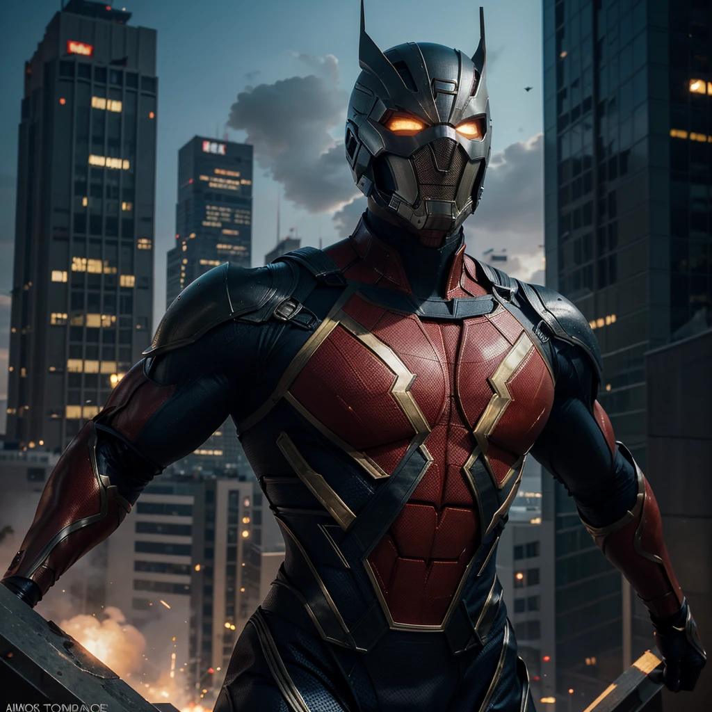 "Create a high-resolution, dynamic illustration of a muscular heroic Marvel character in a powerful and action-packed pose. The character should have a chiseled physique, exuding strength and determination, clad in a sleek, futuristic superhero suit with the iconic Marvel style. The suit should feature bold colors, such as red, blue, or black, with metallic accents and a distinctive emblem on the chest. The character's face should be expressive, showing resolve and bravery, with a mask that partially covers his face, revealing intense eyes. He is positioned in a dramatic urban landscape, with towering skyscrapers and a sunset sky in the background, possibly mid-leap or in a fighting stance. The scene should include dynamic elements like energy effects, debris, or enemies to emphasize action and heroism. The overall composition should be vibrant, with bold lines and dramatic lighting, appealing to fans of comic books, action figures, and superhero movies."