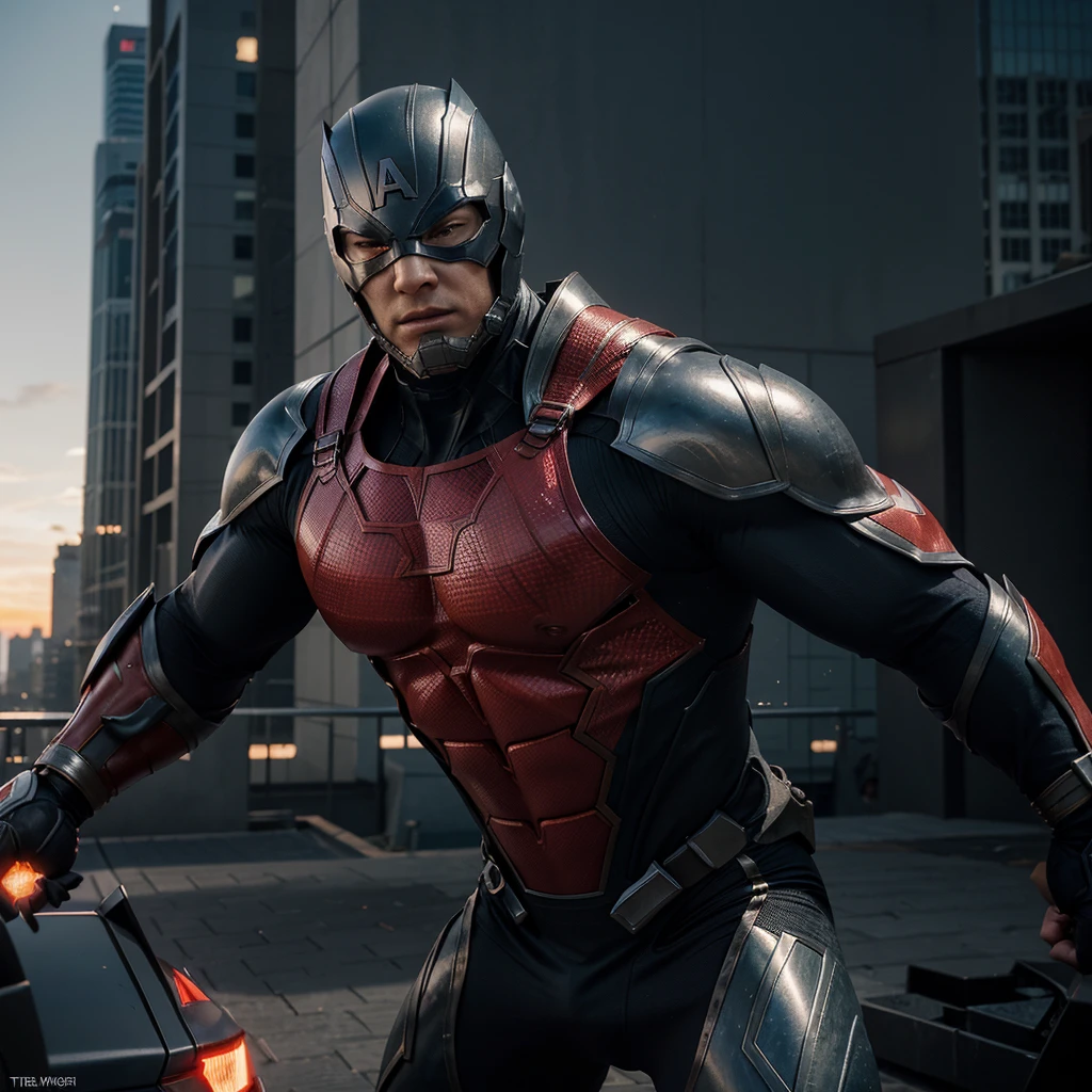 "Create a high-resolution, dynamic illustration of a muscular heroic Marvel character in a powerful and action-packed pose. The character should have a chiseled physique, exuding strength and determination, clad in a sleek, futuristic superhero suit with the iconic Marvel style. The suit should feature bold colors, such as red, blue, or black, with metallic accents and a distinctive emblem on the chest. The character's face should be expressive, showing resolve and bravery, with a mask that partially covers his face, revealing intense eyes. He is positioned in a dramatic urban landscape, with towering skyscrapers and a sunset sky in the background, possibly mid-leap or in a fighting stance. The scene should include dynamic elements like energy effects, debris, or enemies to emphasize action and heroism. The overall composition should be vibrant, with bold lines and dramatic lighting, appealing to fans of comic books, action figures, and superhero movies."