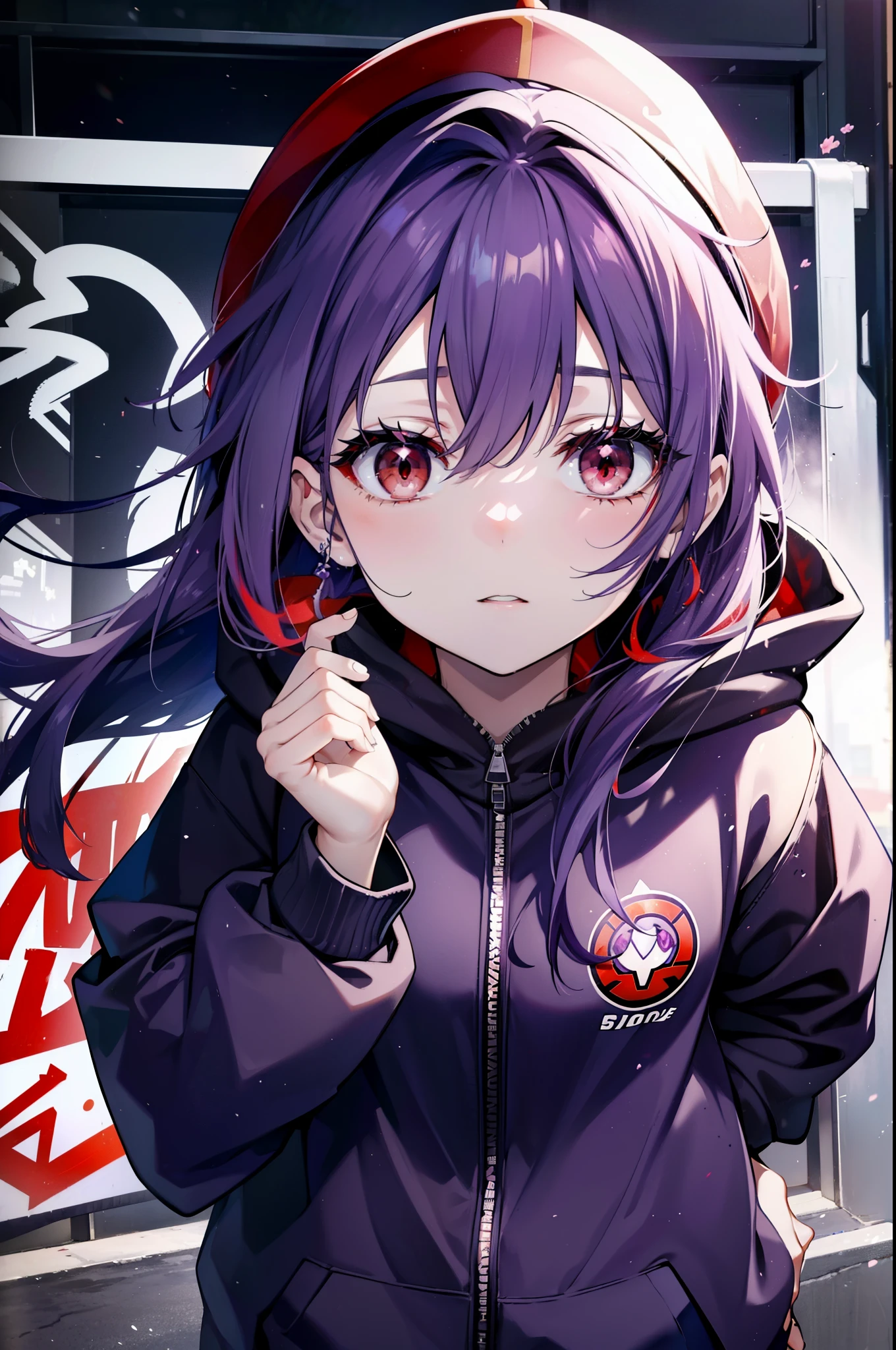 yuukikonno, Konno Yuuki, Long Hair, Pointed Ears, Purple Hair, (Red eyes:1.5), (Small breasts:1.2), Open your mouth,Baseball hats,Oversized purple hoodie,jeans,Thick hem,boots,Walking,Graffiti wall,Daytime,Clear skies,Both hands are in the pockets of the hoodie、whole bodyがイラストに入るように,
break looking at viewer, whole body,
break outdoors, Alley,
break (masterpiece:1.2), Highest quality, High resolution, unity 8k wallpaper, (figure:0.8), (Beautiful attention to detail:1.6), Highly detailed face, Perfect lighting, Highly detailed CG, (Perfect hands, Perfect Anatomy),