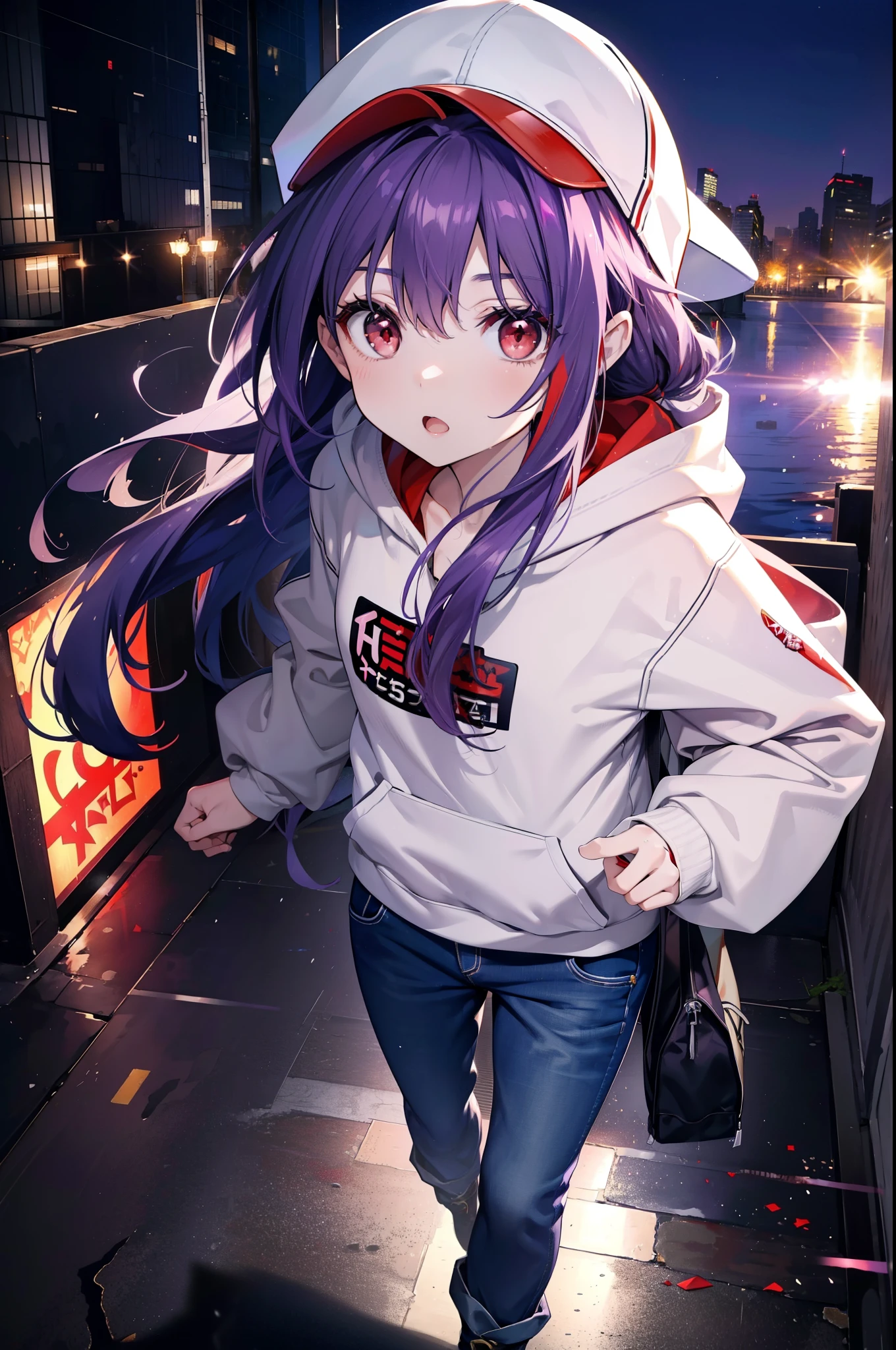 yuukikonno, Konno Yuuki, Long Hair, Pointed Ears, Purple Hair, (Red eyes:1.5), (Small breasts:1.2), Open your mouth,Baseball hats,Oversized purple hoodie,jeans,Thick hem,boots,Walking,Graffiti wall,Daytime,Clear skies,Both hands are in the pockets of the hoodie、whole bodyがイラストに入るように,
break looking at viewer, whole body,
break outdoors, Alley,
break (masterpiece:1.2), Highest quality, High resolution, unity 8k wallpaper, (figure:0.8), (Beautiful attention to detail:1.6), Highly detailed face, Perfect lighting, Highly detailed CG, (Perfect hands, Perfect Anatomy),