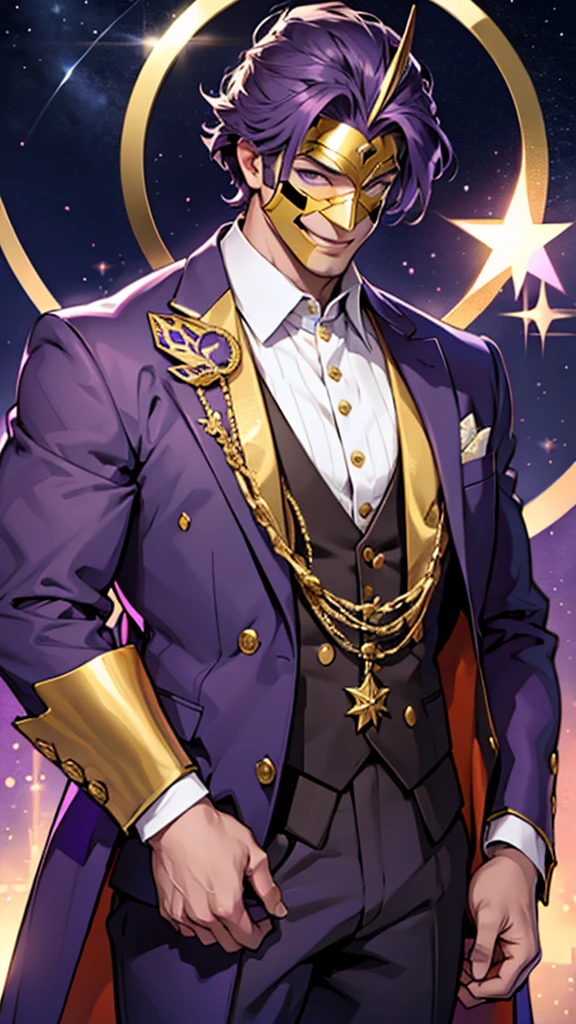 A tall, strong man wearing a purple suit with gold details and a smiling star mask that does not show his face 