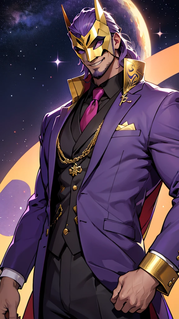 A tall, strong man wearing a purple suit with gold details and a smiling star mask that does not show his face
