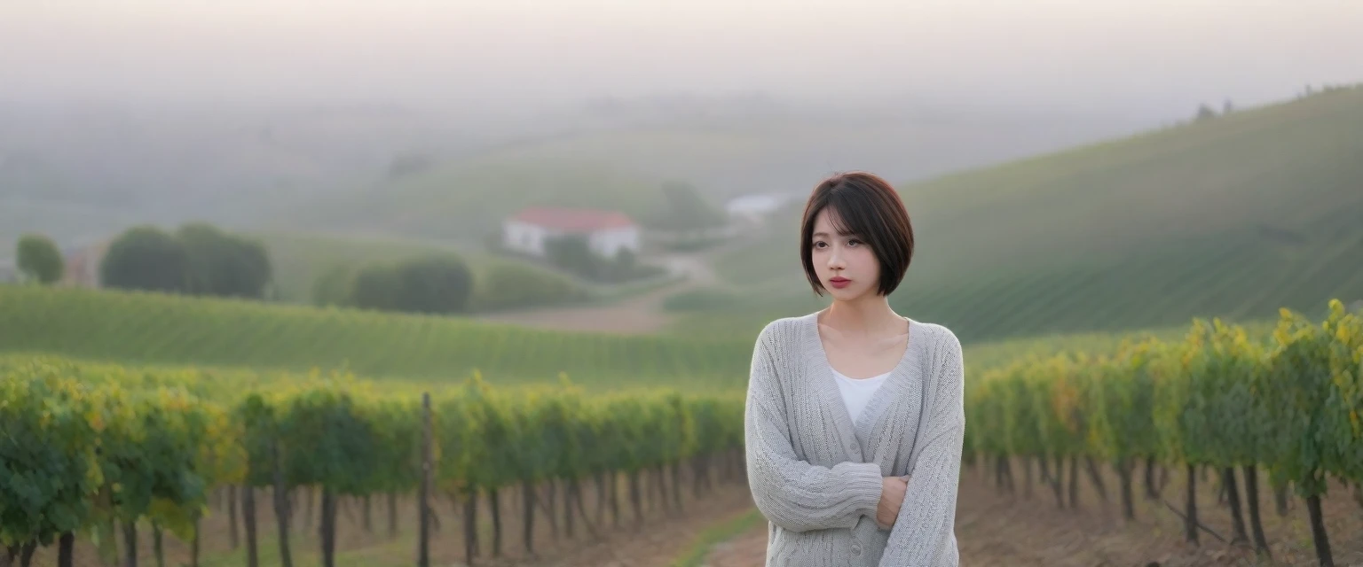 8k best picture quality, Beautiful 36-year-old Korean woman, Chest size 34 inches, The cathedral can be seen through the early morning fog past the vineyards in the Croatian countryside., The back background is realistic and vivid image quality, short and medium hair, Wearing a sweater jacket and pants,Perfect and realistic photos, The background is realistic. Full body shot with Canon camera 16-35 wide angle lens, expressionless, Photographed overlooking a vineyard from a hill shrouded in thick fog