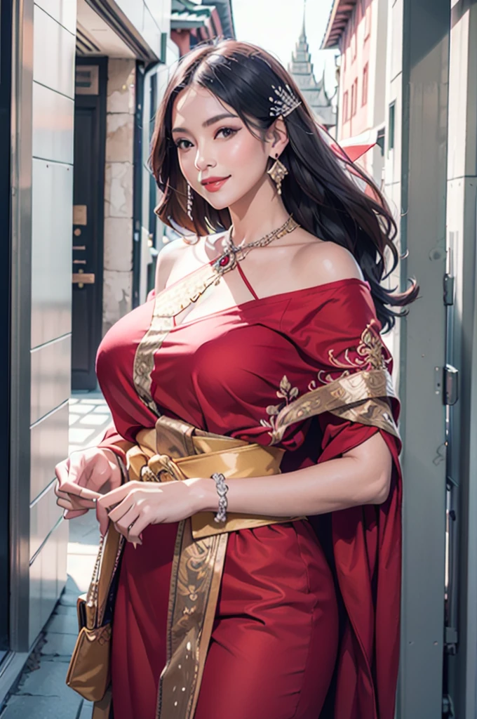 (Masterpiece:1.3), (best quality:1.3), (realistic:1.3), (photorealistic:1.4), (very complicated:1.3), (Exquisitely detailed skin), bright colors, shallow depth of field, Ultra high resolution, 8K, UHD, hyper realistic, perfect anatomy, best shadow, Ray tracing, Delicate, There are complicated details., raw image, HDR, Sharp focus, front view, Cowboy Shot, 1 girl, alone, (big breasts:1.3), white skin, Random hairstyle, A beautiful woman wears a fine linen sash., Liniwijit Design, Line background Kanok, Kanok Line Style, (black and red clothes:1.3), decorationsผม, glossy lips, eyelid, decorations, earring, look at viewer, mischievous face, Naughty smile, dynamic poses, view, outdoor, Thai temple, thai architecture, terrain,