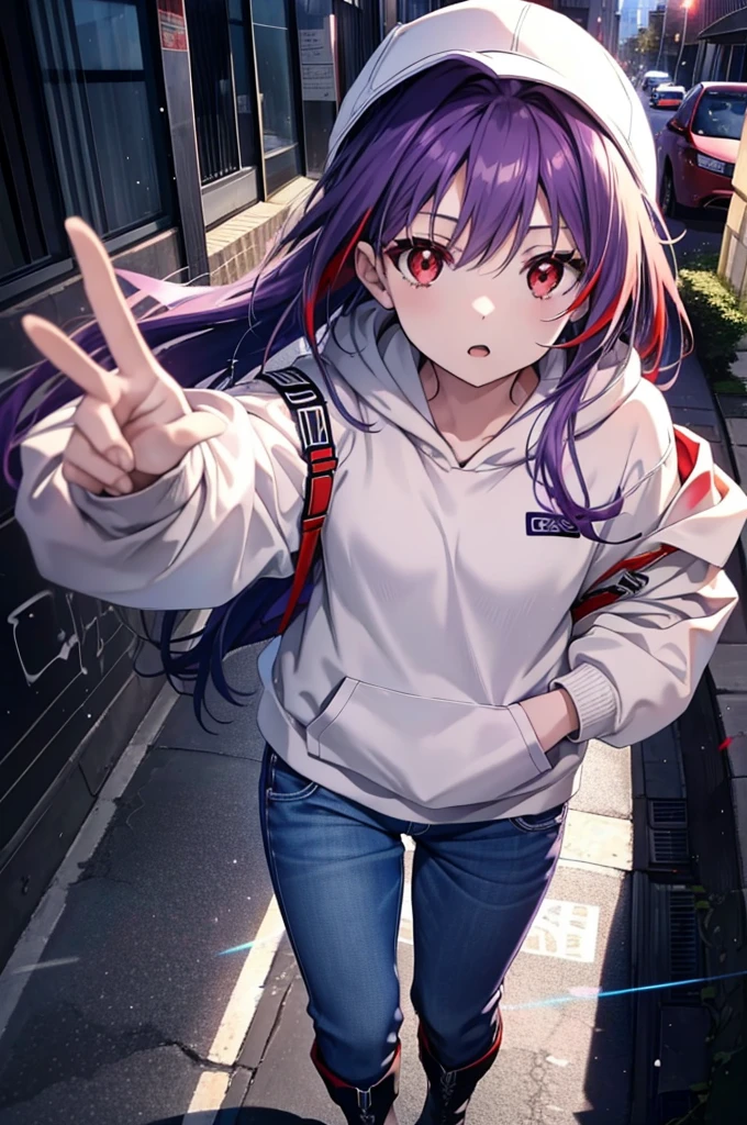 yuukikonno, Konno Yuuki,  Long Hair, Pointed Ears, Purple Hair, (Red eyes:1.5), (Small breasts:1.2), Open your mouth,Baseball hats,Oversized purple hoodie,jeans,Thick hem,boots,Walking,Graffiti wall,Daytime,Clear skies,Both hands are in the pockets of the hoodie、whole bodyがイラストに入るように,
break looking at viewer, whole body,
break outdoors, Alley,
break (masterpiece:1.2), Highest quality, High resolution, unity 8k wallpaper, (figure:0.8), (Beautiful attention to detail:1.6), Highly detailed face, Perfect lighting, Highly detailed CG, (Perfect hands, Perfect Anatomy),