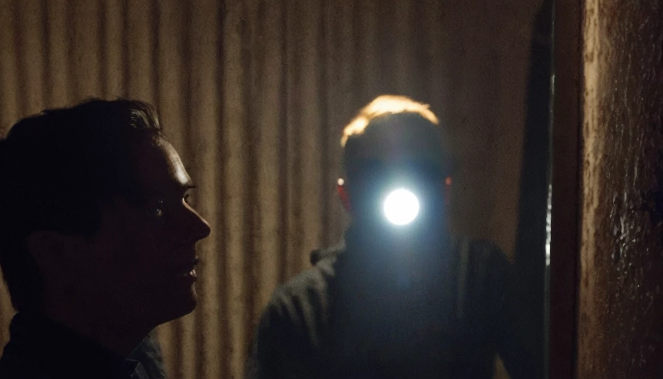 selfie photo of a man in front of the mirror but his reflection is staring at him, everything is dark, only flashlight light, disturbing atmosphere,creepy aura,,in the night,blair witch project atmosphere, unnerving  and creepy aura, disturbing  aura,horror core,found footage,grainy,
