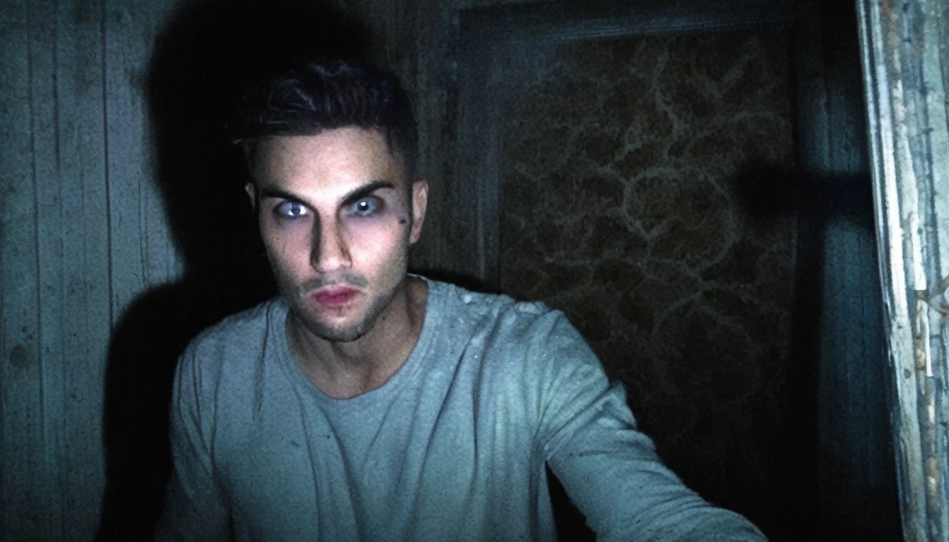 selfie photo of a man in front of the mirror but his reflection is staring at him, everything is dark, only flashlight light, disturbing atmosphere,creepy aura,,in the night,blair witch project atmosphere, unnerving and creepy aura, disturbing aura,horror core,found footage,grainy,