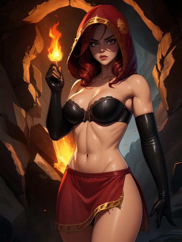 Dsorceress, redhair, shadowy face,dark cave, fire, hood, shadowed face, strapless bra, slim and athletic body, miniskirt, no panty, elbow gloves, dark skin, 1 girl (insanely detailed, masterpiece, best quality)
