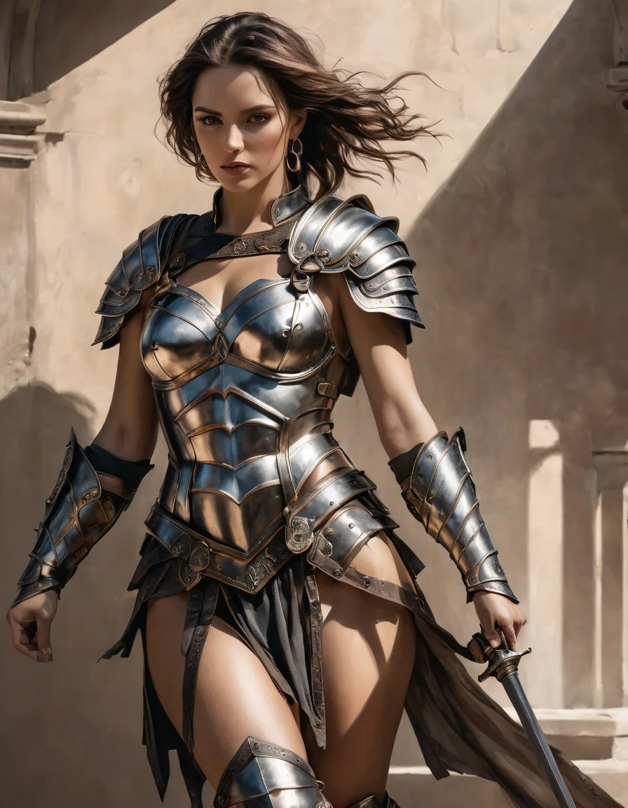 smooth lines, Express expressions and postures through ink contrast, The background is simple. emphasize light, shadow and space. ((full body):1.3), Drawing of Mature beauty. ((Detailed eye):1.3),((fresh)), wearing gladiator armor, painting, (best quality,4K,8k,high resolution,masterpiece:1.2),Super detailed,(actual,photoactual,photo-actual:1.37).Clean abs,