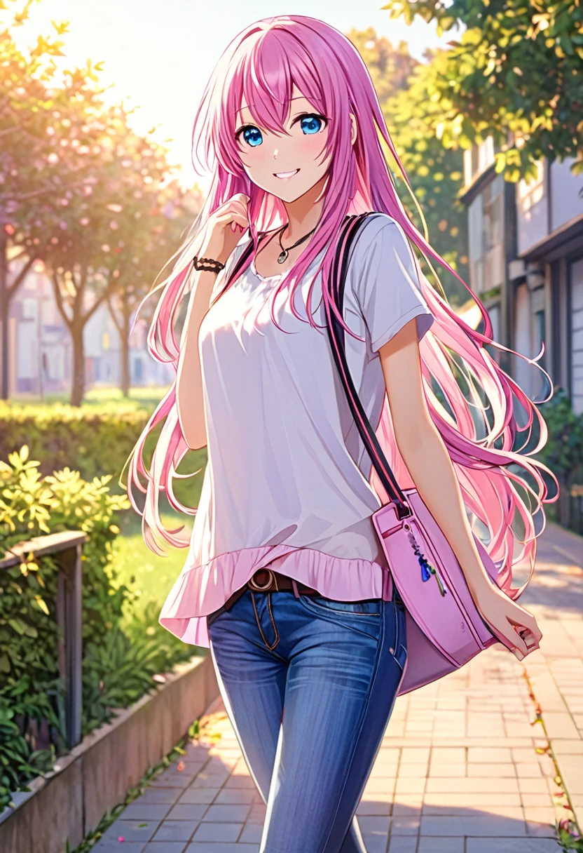 Megurine Luka smile casual clothes jeans colorful morning peace