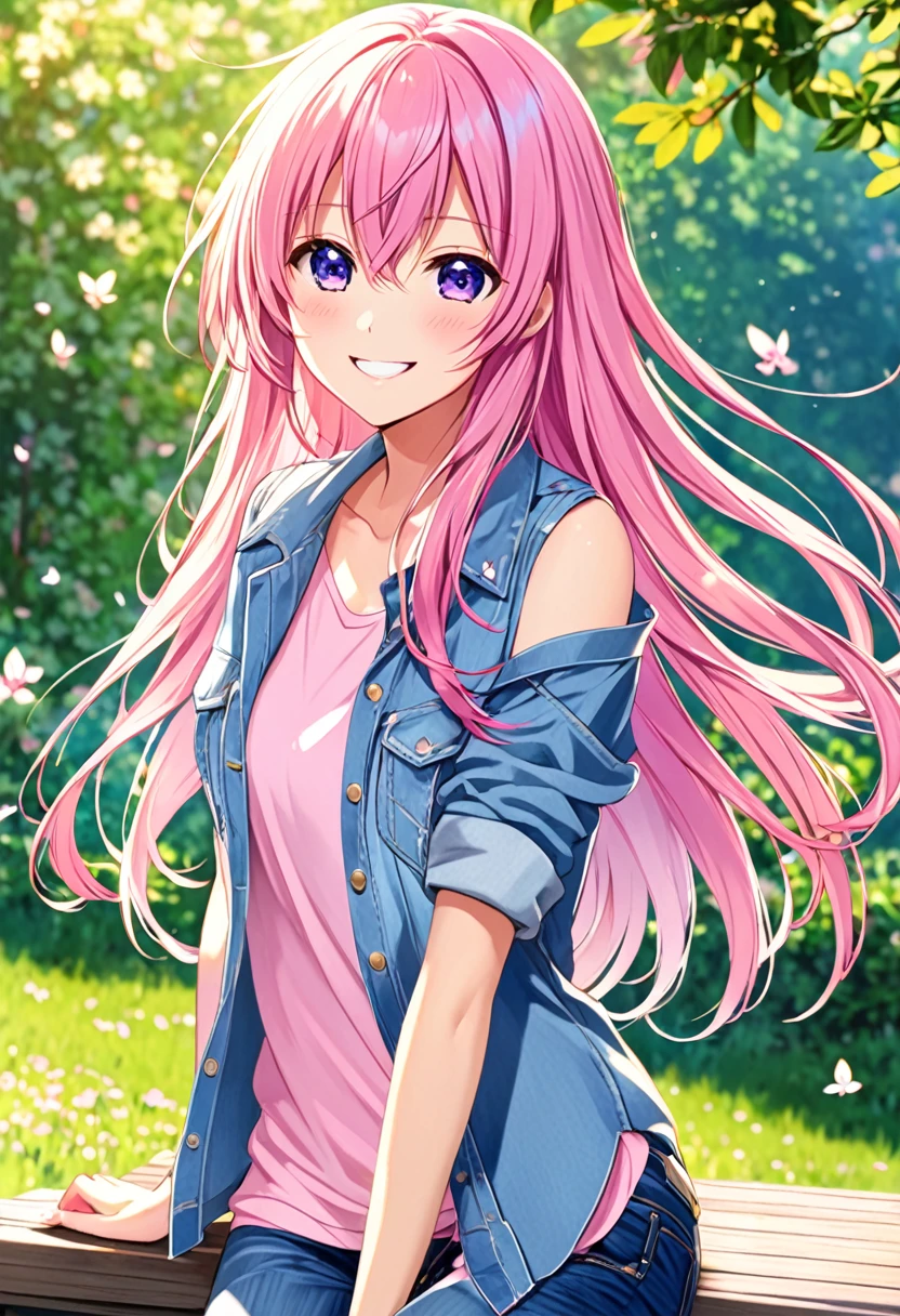 Megurine Luka smile casual clothes jeans colorful morning peace