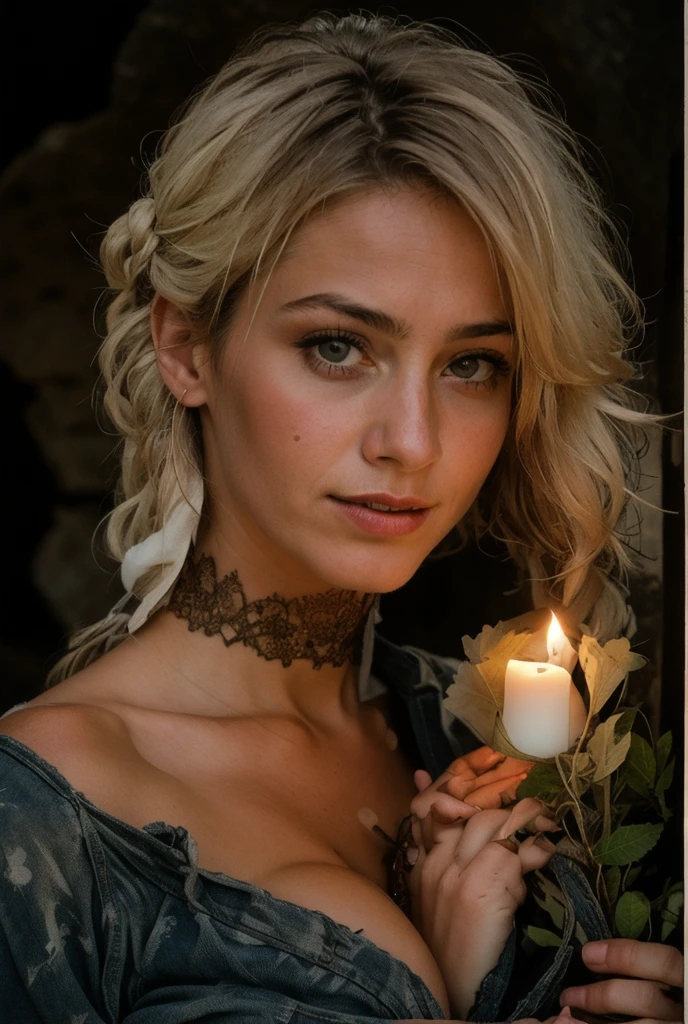 photograph of a woman, (troubled facial expression), textured skin, goosebumps, white afro hair, plaid flannel shirt with distressed boyfriend jeans, cowboy shot, dark and mysterious cave with unique rock formations and hidden wonders, perfect eyes, (candlelight,chiaroscuro), Porta 160 color, shot on ARRI ALEXA 65, bokeh, sharp focus on subject, shot by Don McCullin