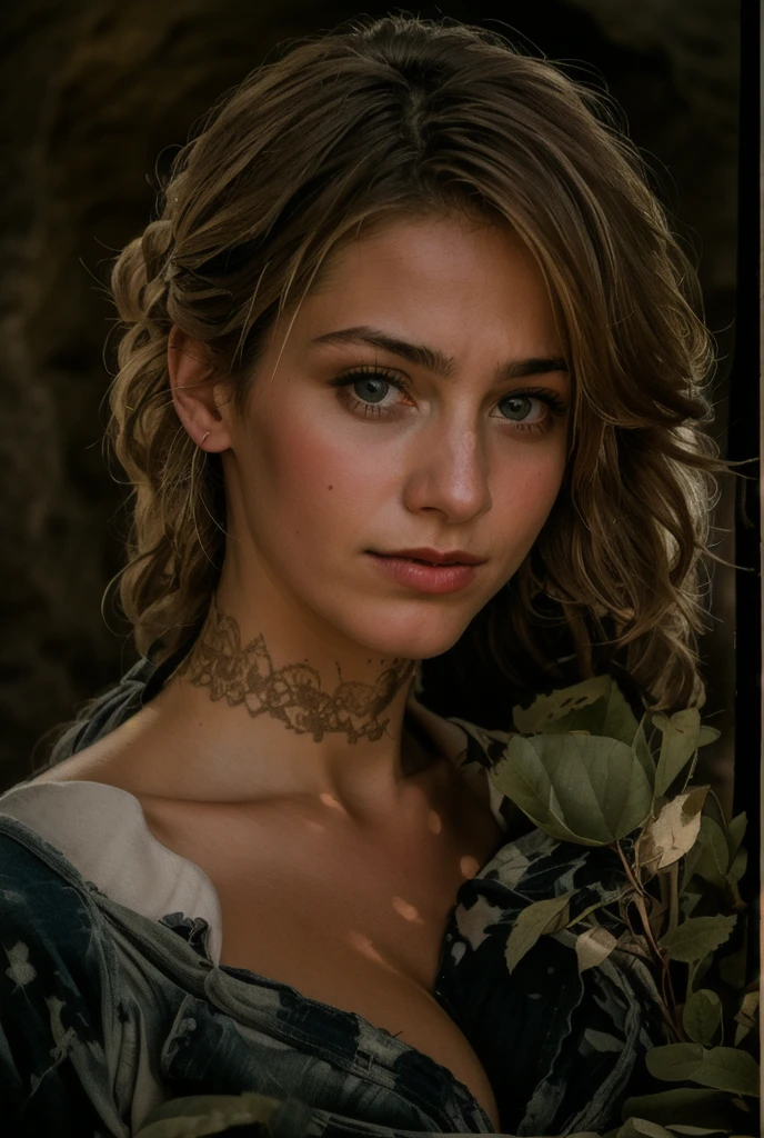 photograph of a woman, (troubled facial expression), textured skin, goosebumps, white afro hair, plaid flannel shirt with distressed boyfriend jeans, cowboy shot, dark and mysterious cave with unique rock formations and hidden wonders, perfect eyes, (candlelight,chiaroscuro), Porta 160 color, shot on ARRI ALEXA 65, bokeh, sharp focus on subject, shot by Don McCullin