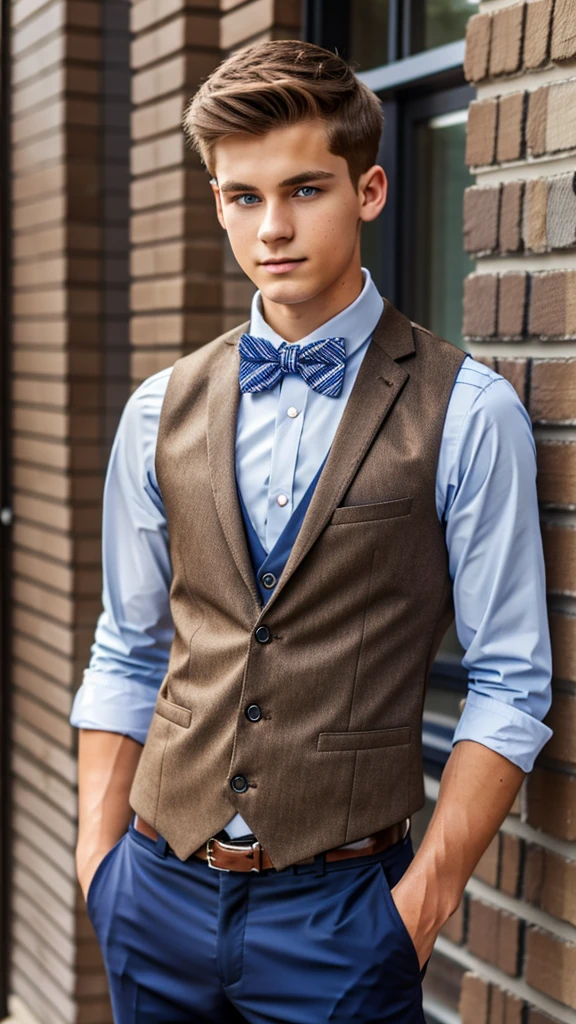 19 year old male wearing bow tie and lomg sleveed  button up with vest with dress pants and  3 belts
4K HIGH REZ 

Physical Description: Brown colored hair and skinny build. 5"5 and 150 LB. Blue eyes. 

.