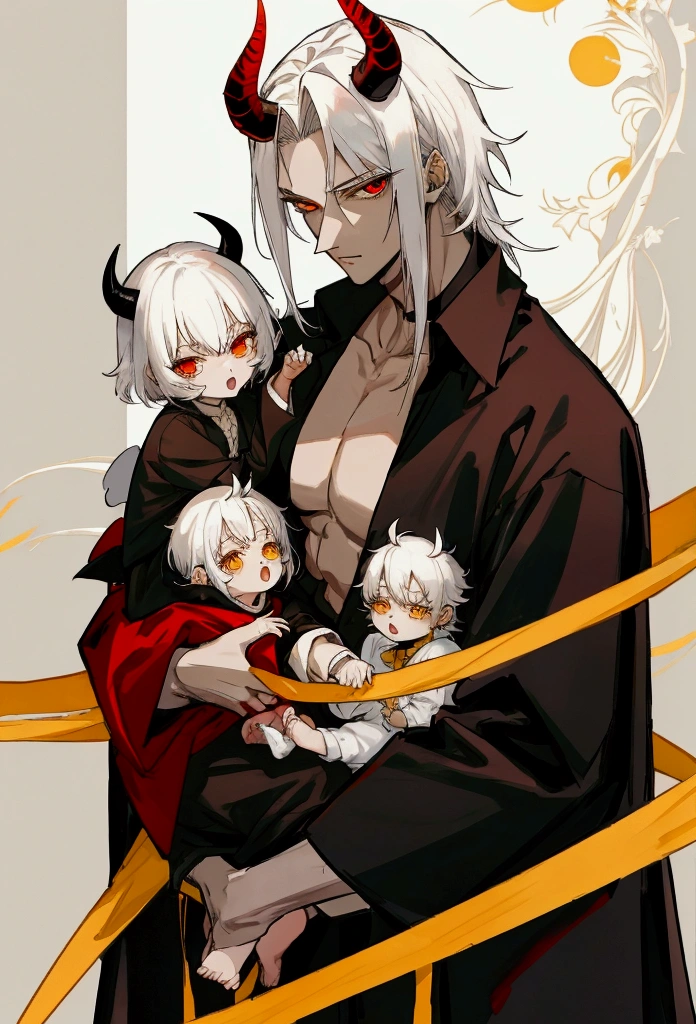 a demon king with an open shirt, white hair, yellow eyes and a very tall stature, about 26 years old, holding a black-haired baby wearing a 3-year-old dress and a slightly older boy, 9 years old, also with black hair and red eyes a small horn, super lighting and high quality