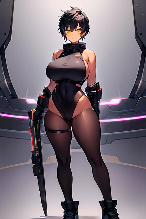 1girl, tan, tan skin, tan-skinned female, tomboy, thick thighs, yellow eyes, black hair, very short hair, spiked hair, pixie cut, large breasts, hourglass figure, bodysuit, black bodysuit, neon, neon trim, machinery, tech, science-fiction, futuristic, smile, standing, full body, ((full body)), pantyhose, black pantyhose