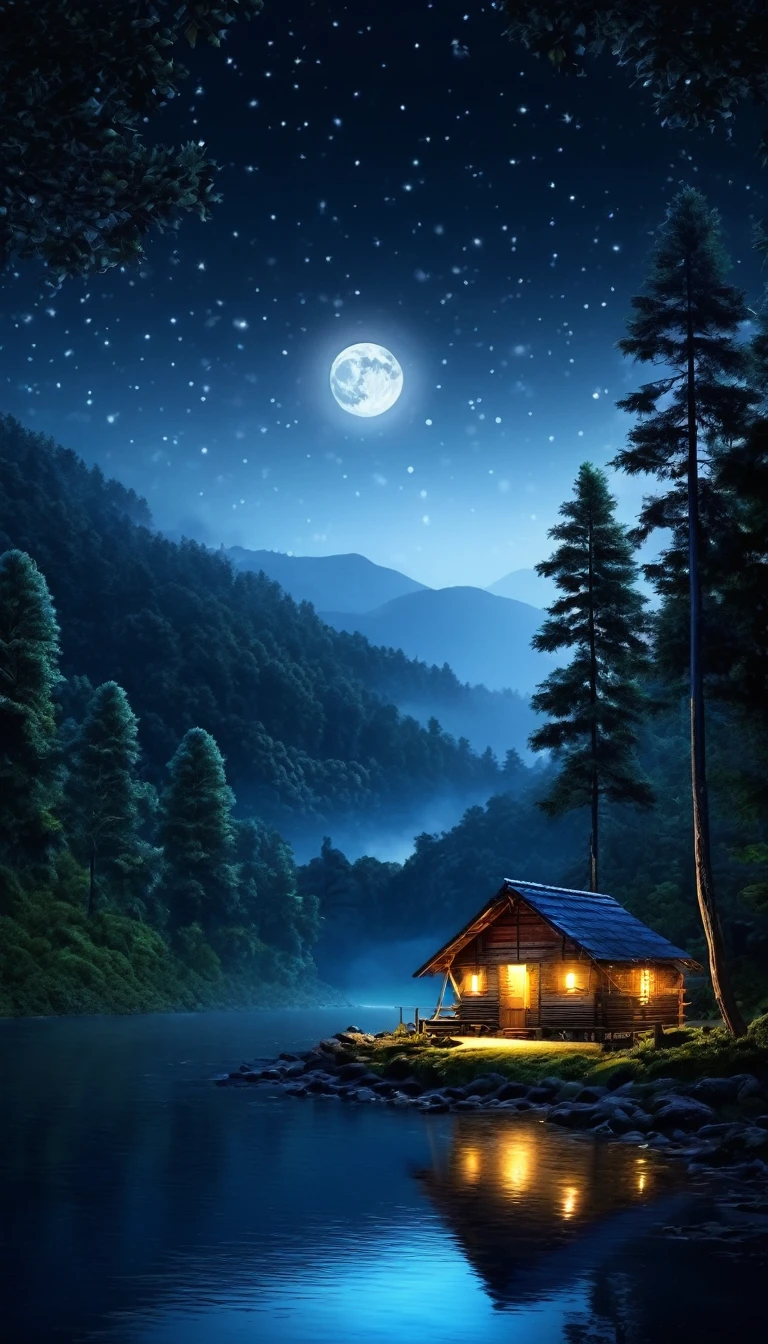 Dark forest , a river , big moon , full of trees , a small hut, mountain in backside, night view, big trees around the hut,misty,mystique,high detailed,photorealistic,beautiful,fireflies,dynamic lights,