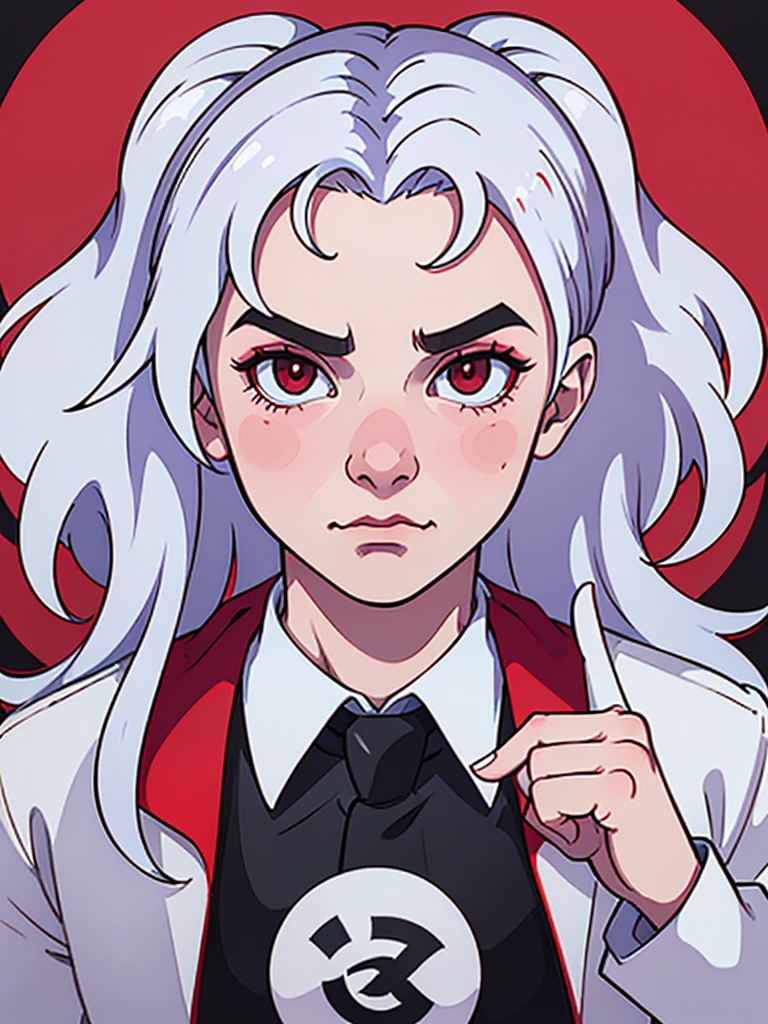 a close up of a poster with a man holding a peace sign, He has Red eyes and white hair, wearing white, his hands up and a bow tie. he is making hypnosise with his hand. Dracula style. comics anime style. butcher billy style, butcher billy, 70s poster, pop punk art style (No background)