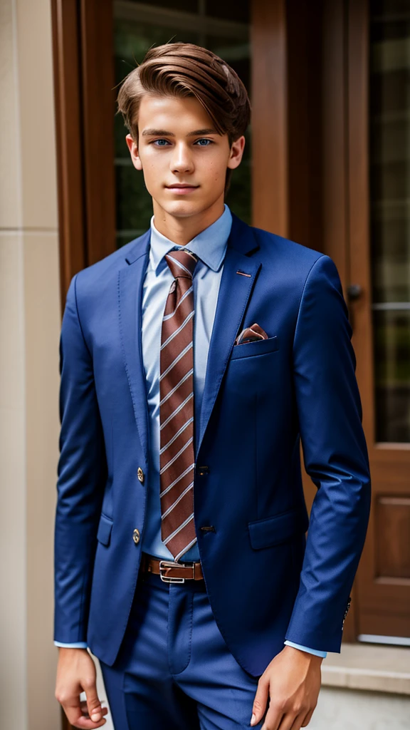 19 year old male wearing tie and lomg sleveed  button up with blazer and vest with dress pants and belts
4K HIGH REZ 

Physical Description: Brown colored hair and skinny build. 5"5 and 150 LB. Blue eyes. 

.