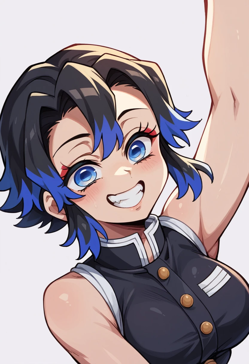 Draw a character in the animated art style of Kimetsu no Yaiba/Demon Slayer, with a vibrant and expressive appearance. Exaggerated features are essential, like big cyan blue eyes, a subtle and fun smile, and a straight posture. The character must have short black hair and be wearing a tight skirt. The composition must include a side angle, with a simple background so as not to distract from the main figure. The design must be beautiful and captivating, reflecting the lively and expressive style of the Cartoon universe.