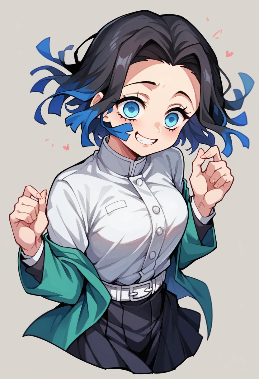 Draw a character in the animated art style of Kimetsu no Yaiba/Demon Slayer, with a vibrant and expressive appearance. Exaggerated features are essential, like big cyan blue eyes, a subtle and fun smile, and a straight posture. The character must have short black hair and be wearing a tight skirt. The composition must include a side angle, with a simple background so as not to distract from the main figure. The design must be beautiful and captivating, reflecting the lively and expressive style of the Cartoon universe.