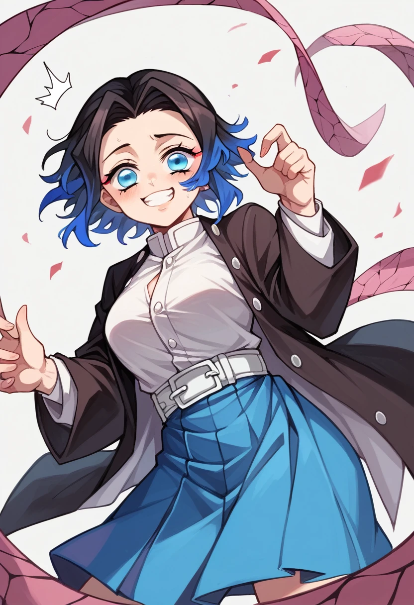 anime girl from the Kimetsu no Yaiba universe! straight and short hair, blue colored eyes, demon hunter outfit. (Illuxxstrandy Artist Style)