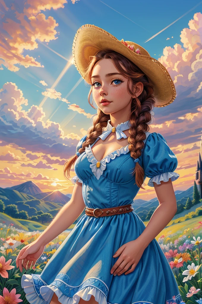 masterpiece, best quality, 1girl, cowboy shot of beautiful red girl, hands on hips, blue eyes, blue dress with white ornate frills, braid, kokoshnik headwear, summer, flowers field, sunset, sunrays