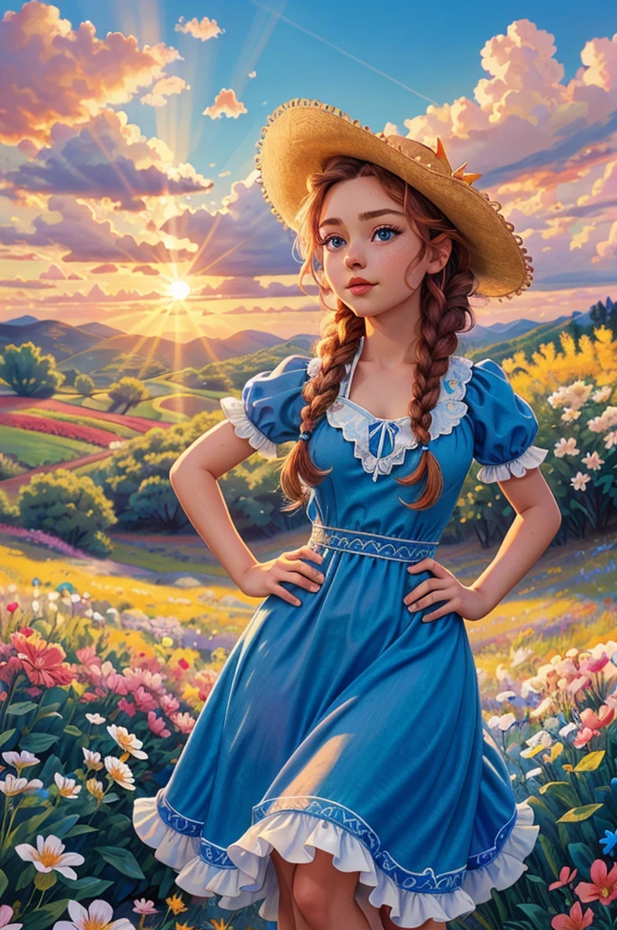 masterpiece, best quality, 1girl, cowboy shot of beautiful red girl, hands on hips, blue eyes, blue dress with white ornate frills, braid, kokoshnik headwear, summer, flowers field, sunset, sunrays