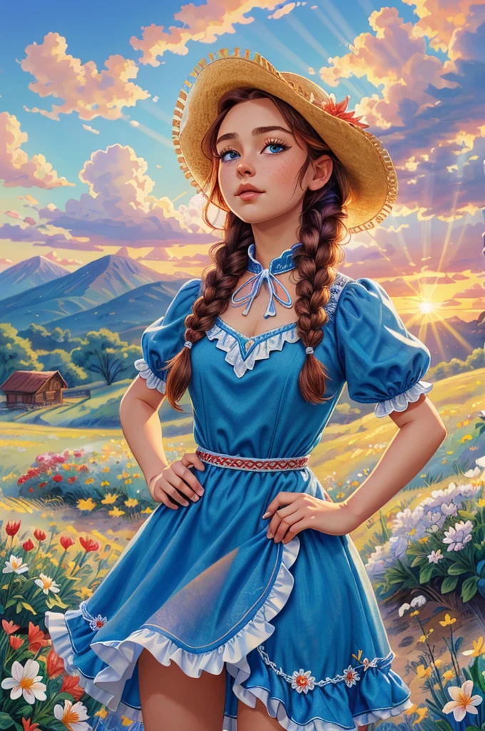masterpiece, best quality, 1girl, cowboy shot of beautiful red girl, hands on hips, blue eyes, blue dress with white ornate frills, braid, kokoshnik headwear, summer, flowers field, sunset, sunrays