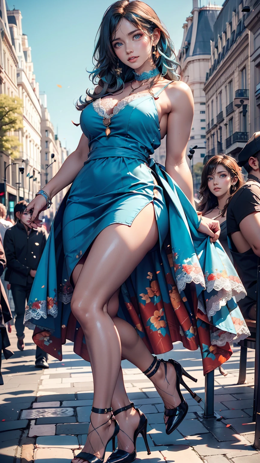 Light blue hair, Turquoise Eyes, Long eyelashes, Big Red Lips, Apricot-colored eyes, beauty, Girlish, Curly Hair, Princess、Sexy proportions、Sexy、Narrow waist、Lace-embellished summer dress、Stiletto heels、Lace choker、Champs-Élysées((Champs-Élysées))、Bright sunshine