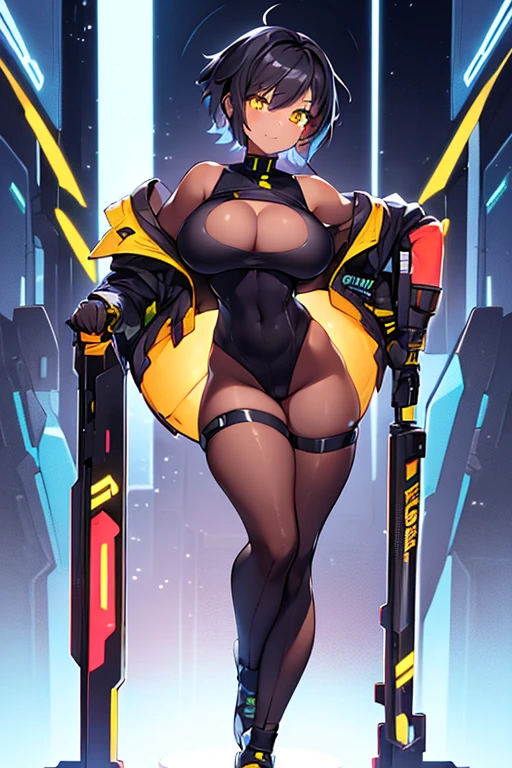 1girl, tan, tan skin, tan-skinned female, tomboy, thick thighs, yellow eyes, black hair, very short hair, spiked hair, pixie cut, large breasts, hourglass figure, bodysuit, black bodysuit, neon, neon trim, machinery, tech, science-fiction, futuristic, smile, standing, full body, ((full body)), pantyhose, black pantyhose