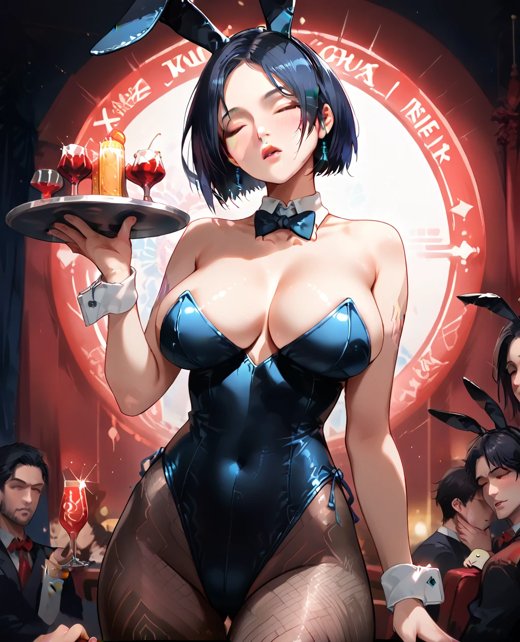 score_9, score_8_up, score_7_up, score_6_up, masterpiece, best quality, 1girl, playboy bunny, fake rabbit ears, detached collar, black leotard, fishnet pantyhose, wrist cuffs, large breasts, holding tray, casino, looking at viewer, closed eyes, blush, cortana, hologram,