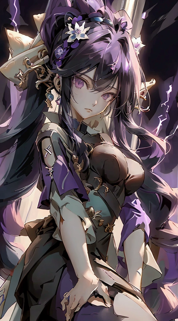 anime style: tall woman with long black hair with a blue line, purple,  perfect light skin colored body, big breasts,  He is looking at the camera seriously, She dresses in a blue and purple uniform with a skirt that is uncovered at the front. She has long black stockings and dung that reaches the knee and in her hand she has a sword and behind it a lightning bolt that falls and hits the ground.. 