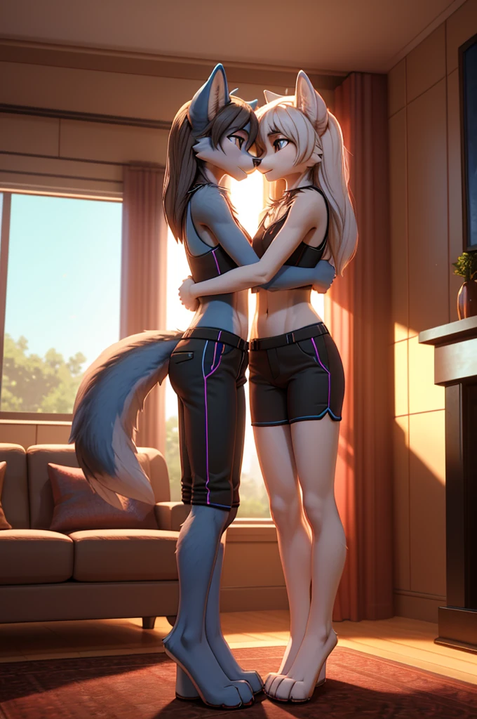 beautiful, (masterpiece), high quality, Highly detailed CG Unity 8k wallpaper, High resolution, perfect lighting, youthful, adolescent, tall, slim, skinny, frail slender figure, slim legs, medium breasts, anthropomorphic furry wolf siblings, youthful, adolescent, tall, slim, distinctly feminine sister with narrow hips, long legs, with shorter brother, thick, fluffy, volumetric neon blue fur, brown eyes, cinematic high fidelity 3D CAD Model style, sister: taller, straight white hair, bright outfit: tight cargo pants, crop top, belly dancing, brother: shorter than her, charcoal hair, shorts, hands around her hips, sniffing each other, hug, embrace, cozy living room, sunshine