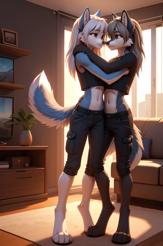 beautiful, (masterpiece), high quality, Highly detailed CG Unity 8k wallpaper, High resolution, perfect lighting, youthful, adolescent, tall, slim, skinny, frail slender figure, slim legs, medium breasts, anthropomorphic furry wolf siblings, youthful, adolescent, tall, slim, distinctly feminine sister with narrow hips, long legs, with shorter brother, thick, fluffy, volumetric neon blue fur, brown eyes, cinematic high fidelity 3D CAD Model style, sister: taller, straight white hair, bright outfit: tight cargo pants, crop top, belly dancing, brother: shorter than her, charcoal hair, shorts, hands around her hips, sniffing each other, hug, embrace, cozy living room, sunshine