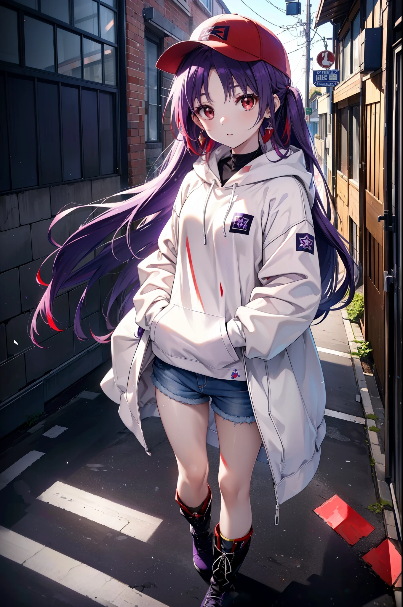 yuukikonno, Konno Yuuki,  Long Hair, Pointed Ears, Purple Hair, (Red eyes:1.5), (Small breasts:1.2), Open your mouth,Baseball hats,Oversized purple hoodie,jeans,Thick hem,boots,Walking,Graffiti wall,Daytime,Clear skies,Both hands are in the pockets of the hoodie、whole bodyがイラストに入るように,
break looking at viewer, whole body,
break outdoors, Alley,
break (masterpiece:1.2), Highest quality, High resolution, unity 8k wallpaper, (figure:0.8), (Beautiful attention to detail:1.6), Highly detailed face, Perfect lighting, Highly detailed CG, (Perfect hands, Perfect Anatomy),