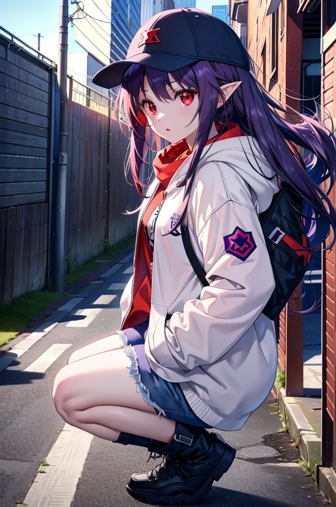 yuukikonno, Konno Yuuki, Long Hair, Pointed Ears, Purple Hair, (Red eyes:1.5), (Small breasts:1.2), Open your mouth,Baseball hats,Oversized purple hoodie,jeans,Thick hem,boots,Walking,Graffiti wall,Daytime,Clear skies,Both hands are in the pockets of the hoodie、whole bodyがイラストに入るように,
break looking at viewer, whole body,
break outdoors, Alley,
break (masterpiece:1.2), Highest quality, High resolution, unity 8k wallpaper, (figure:0.8), (Beautiful attention to detail:1.6), Highly detailed face, Perfect lighting, Highly detailed CG, (Perfect hands, Perfect Anatomy),
