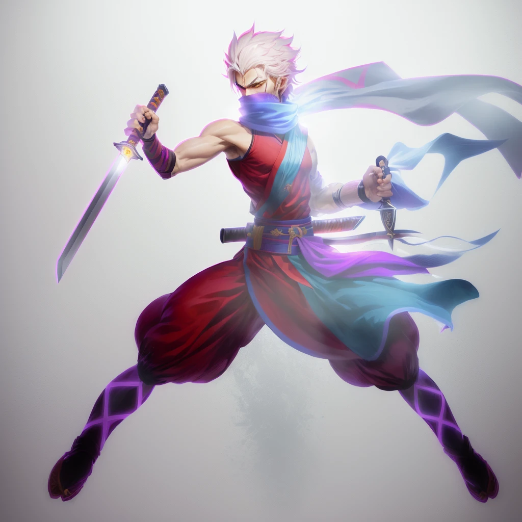 anime character with sword and scarf in a fighting pose, angry character wielding a sword, dramatic wielding sword pose, with large sword, anime style character, inspired by Kamisaka Sekka, anime in fantasy style, clean lineart and color, concept art of a monk, warrior character design, carrying scabbard on his back, picture of an adult male warrior, keep colours