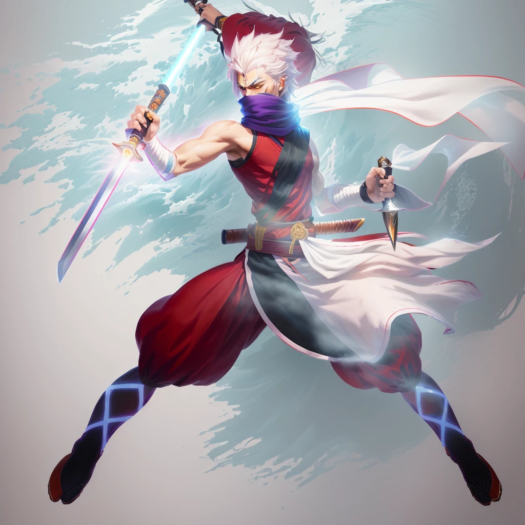 anime character with sword and scarf in a fighting pose, angry character wielding a sword, dramatic wielding sword pose, with large sword, anime style character, inspired by Kamisaka Sekka, anime in fantasy style, clean lineart and color, concept art of a monk, warrior character design, carrying scabbard on his back, picture of an adult male warrior, keep colours